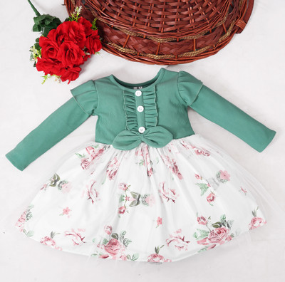 HouseOfCommon Girls Midi/Knee Length Festive/Wedding Dress(Light Green, Full Sleeve)
