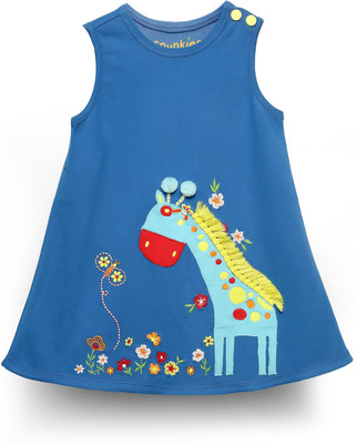 Spunkies Girls Short/Mid Thigh Casual Dress(Blue, Fashion Sleeve)