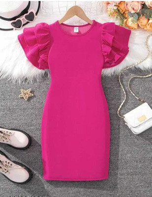VEDANSHI ENTERPRISSE Girls Mini/Short Casual Dress(Pink, Fashion Sleeve)