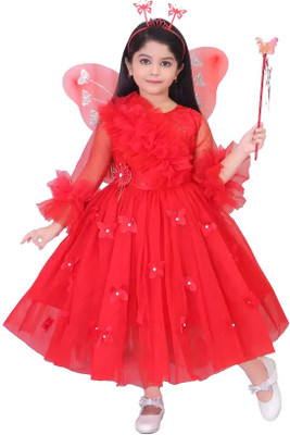 Kids Wear Fashion Girls Below Knee Festive/Wedding Dress(Red, Full Sleeve)