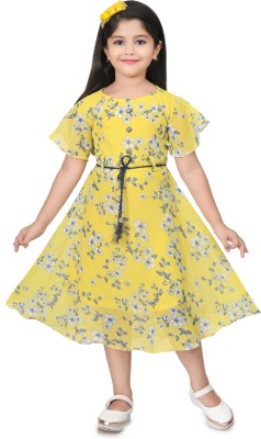 MEHZIN Girls Calf Length Casual Dress(Yellow, Half Sleeve)