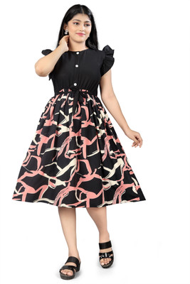 Njushxa Indi Girls Midi/Knee Length Festive/Wedding Dress(Pink, Short Sleeve)