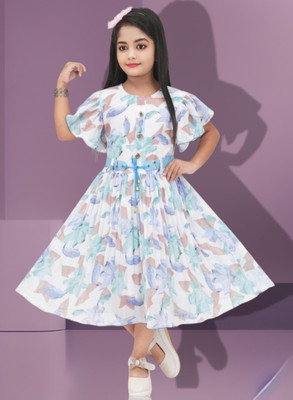 LUCKY FASHION WORLD Girls Calf Length Casual Dress(White, Fashion Sleeve)