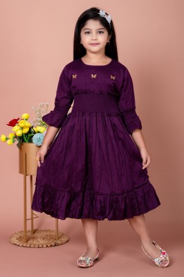 Coco Fashion Girls Midi/Knee Length Casual Dress(Purple, 3/4 Sleeve)