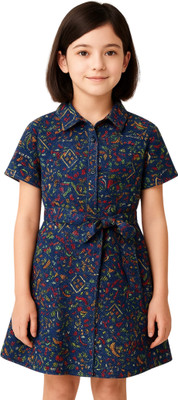 J&T DESIGNERS Girls Below Knee Casual Dress(Dark Blue, Short Sleeve)