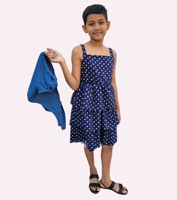 Farhaque Indi Girls Midi/Knee Length Casual Dress(Dark Blue, Sleeveless)