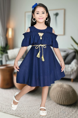 R.D.FASHION Girls Below Knee Party Dress(Blue, Half Sleeve)