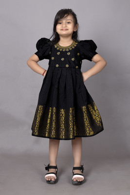 Ethzy Girls Below Knee Festive/Wedding Dress(Black, Short Sleeve)