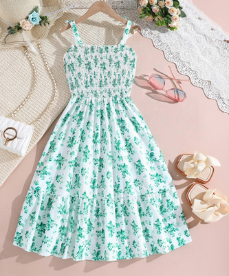 Ethit Indi Girls Midi/Knee Length Party Dress(Green, Sleeveless)