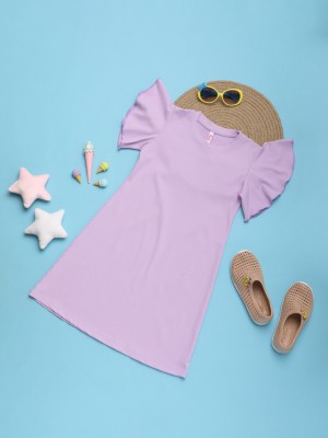 V-MART Girls Midi/Knee Length Casual Dress(Purple, Short Sleeve)