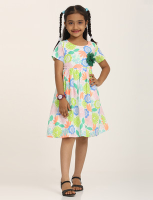 ZION Girls Midi/Knee Length Casual Dress(Multicolor, Short Sleeve)