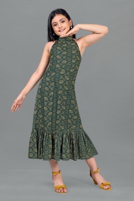 Fashion Dream Girls Calf Length Casual Dress(Dark Green, Sleeveless)
