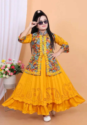 A Asma dresses Indi Girls Maxi/Full Length Casual Dress(Yellow, 3/4 Sleeve)