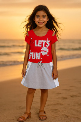 Clothe Funn Girls Midi/Knee Length Party Dress(Red, Short Sleeve)