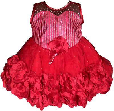 Stylish Collection Baby Girls Midi/Knee Length Party Dress(Red, Sleeveless)