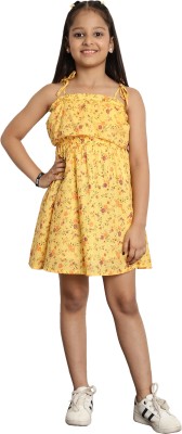TOMMODA Girls Below Knee Casual Dress(Yellow, Sleeveless)