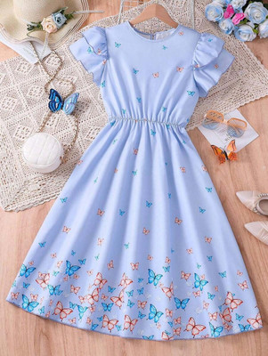 WHITEWORLD Girls Midi/Knee Length Party Dress(Blue, Short Sleeve)