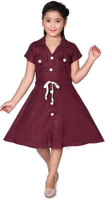 HALDER AND SONS Girls Midi/Knee Length Party Dress(Maroon, Short Sleeve)