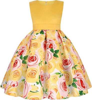 Amavya Fashions Girls Midi/Knee Length Party Dress(Yellow, Sleeveless)