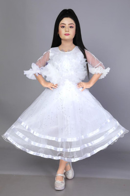 STAJMINADRESSES Baby Girls Below Knee Festive/Wedding Dress(White, 3/4 Sleeve)