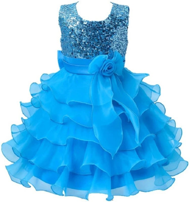 Shahina Fashion Girls Midi/Knee Length Party Dress(Blue, Sleeveless)