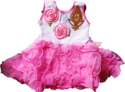 ARUNA CREATIONn Baby Girls Midi/Knee Length Party Dress(Pink, White, Sleeveless)