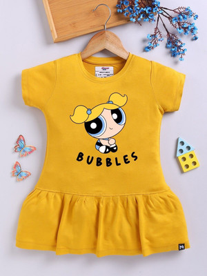 YK X Minute Mirth Girls Above Knee Casual Dress(Yellow, Short Sleeve)