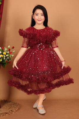 DEWANGARMENTS Girls Midi/Knee Length Party Dress(Red, Half Sleeve)