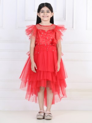Toy Balloon Kids Girls Midi/Knee Length Party Dress(Red, Short Sleeve)