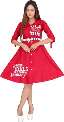 BRDRESS Girls Midi/Knee Length Casual Dress(Red, 3/4 Sleeve)