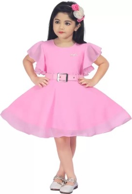 SOARVI Girls Midi/Knee Length Festive/Wedding Dress(Pink, 3/4 Sleeve)