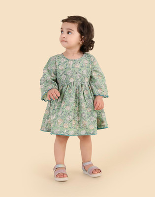 Fabindia Baby Girls Midi/Knee Length Casual Dress(Green, Full Sleeve)