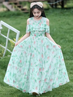 Gen Alfa Girls Maxi/Full Length Party Dress(Green, Short Sleeve)