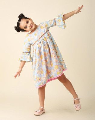 Fabindia Indi Girls Midi/Knee Length Casual Dress(Multicolor, Fashion Sleeve)