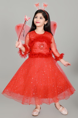 ARUNA CREATIONn Girls Maxi/Full Length Party Dress(Red, 3/4 Sleeve)