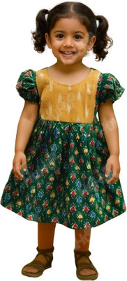 Littlemom Cottons Girls Midi/Knee Length Casual Dress(Dark Green, Short Sleeve)