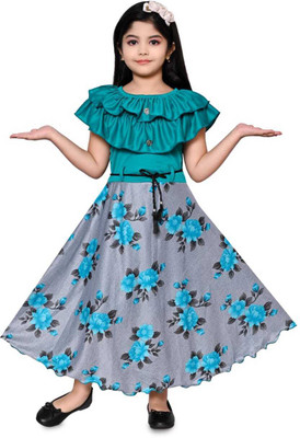 RAHUL MULLICK Girls Maxi/Full Length Festive/Wedding Dress(Light Blue, Short Sleeve)