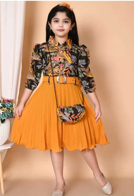 arisfashion Indi Girls Above Knee Casual Dress(Yellow, 3/4 Sleeve)