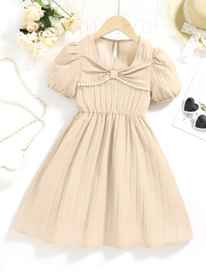 SARAHA DESIGNER Indi Girls Midi/Knee Length Casual Dress(Beige, Short Sleeve)