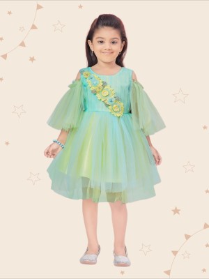 Aarika Girls Midi/Knee Length Party Dress(Green, 3/4 Sleeve)