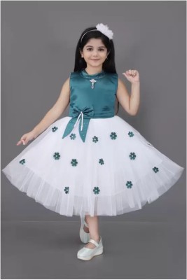 Kidsearth Girls Below Knee Festive/Wedding Dress(Dark Green, Sleeveless)