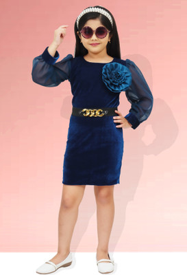 KidsCute Girls Midi/Knee Length Party Dress(Blue, Short Sleeve)