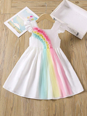 PATALAM Girls Midi/Knee Length Party Dress(White, Short Sleeve)