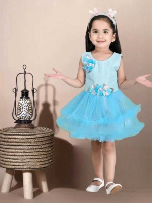 Rania Dresses Girls Midi/Knee Length Festive/Wedding Dress(Light Blue, Sleeveless)