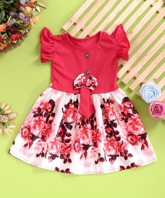 SCARFHAVEN Baby Girls Midi/Knee Length Casual Dress(Red, Short Sleeve)