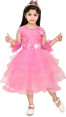 Zenat Girls Maxi/Full Length Party Dress(Pink, 3/4 Sleeve)