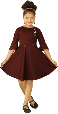 ZOOBA Girls Midi/Knee Length Party Dress(Brown, 3/4 Sleeve)