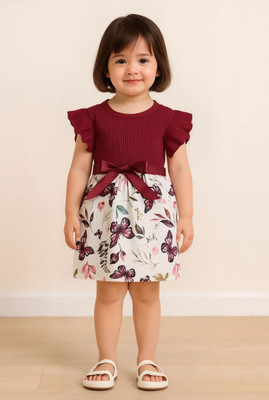 MUSNAHGARMENTS Indi Baby Girls Below Knee Casual Dress(Maroon, White, Short Sleeve)