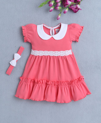 BUMZEE Baby Girls Above Knee Casual Dress(Orange, Half Sleeve)