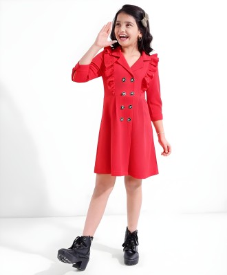 Z NEW KOLPONA FASHION Indi Girls Midi/Knee Length Casual Dress(Red, 3/4 Sleeve)
